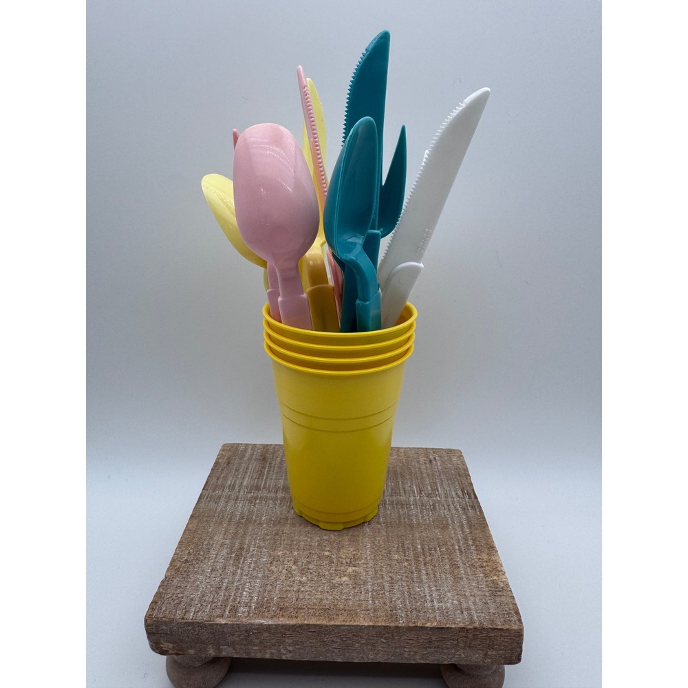 Vintage Deka Plastics Picnic Flatware Set & Caribbee Yellow Cups Retro Kitchen